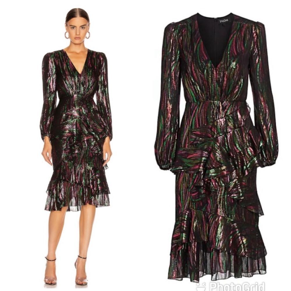 NEW Saloni Alya Black Rainbow Oilspill Silk Metallic Midi Dress Size 4